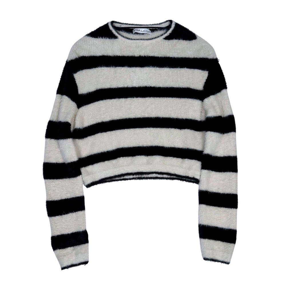 Pull & Bear Black White Striped Fuzzy Cropped Sweater Womens XS